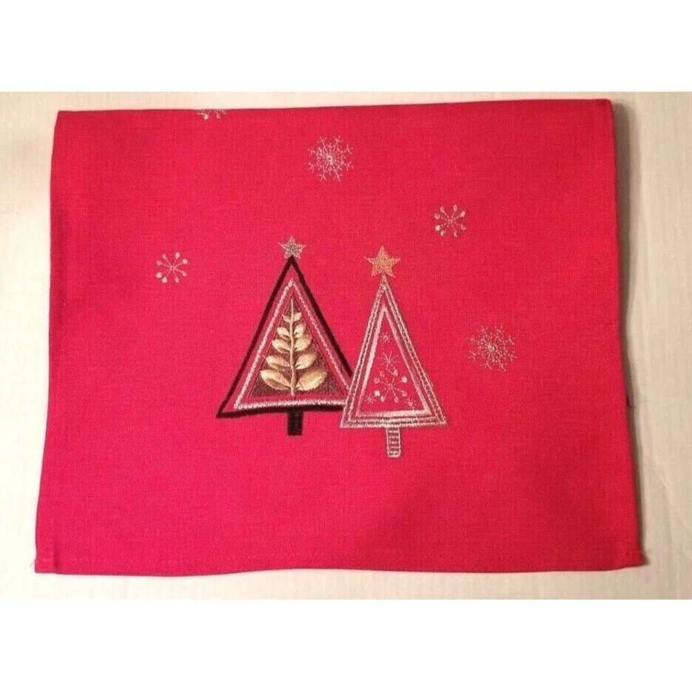 Holiday Embroidered Placemats Set of 4 Metallic Accents Trees & Snowflakes Red